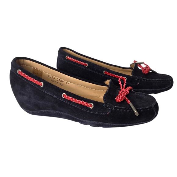 Andre Assous Womens Blue Suede Loafer Driving Moccasin Red Toe Bow SZ 9.5 Italy - Picture 1 of 11